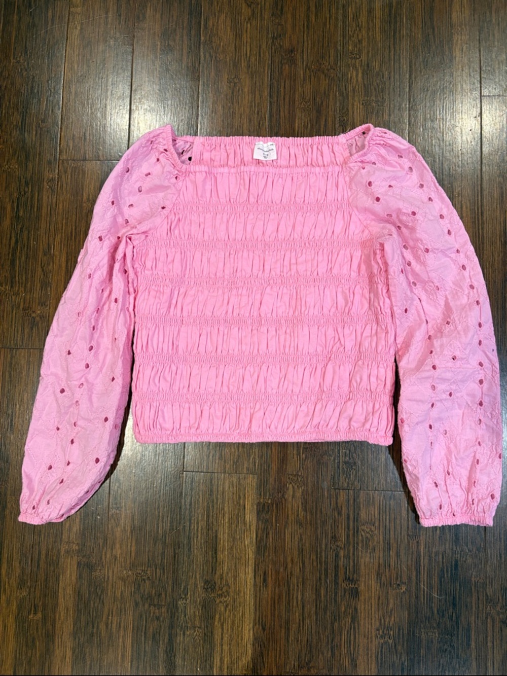abercrombie kids Pink Smocked Square-Neck Top with Eyelet Long Sleeves